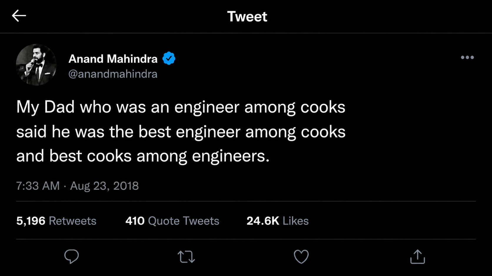 Tweet about being the best engineer among cooks and best cook among engineers