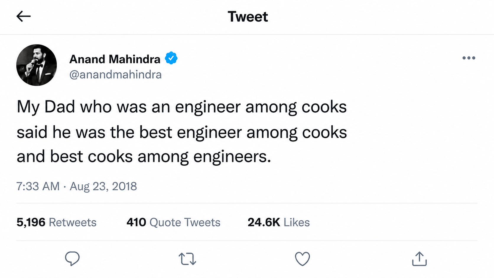 Tweet about being the best engineer among cooks and best cook among engineers