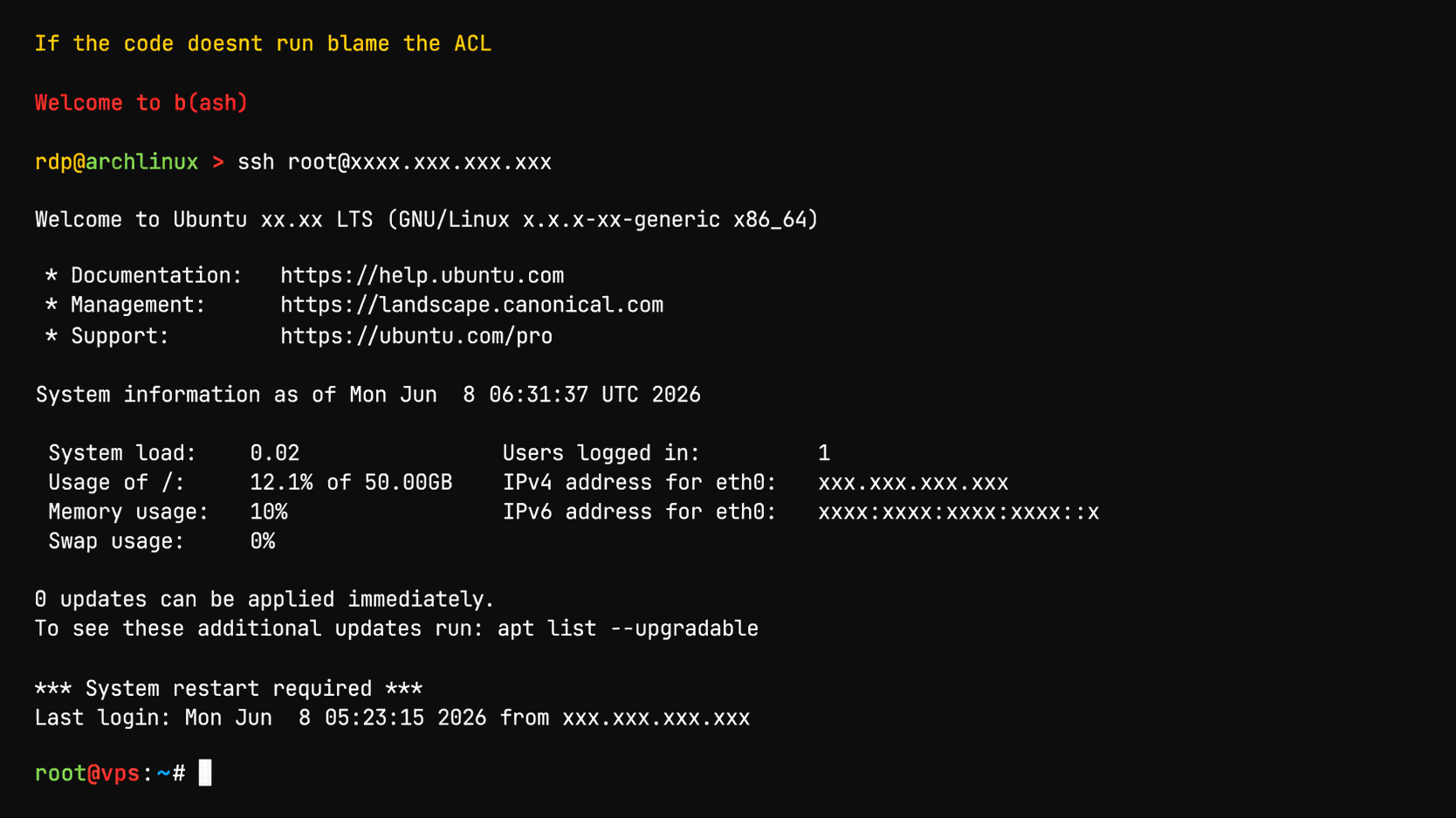 SSH connection to a VPS shown in a dark terminal